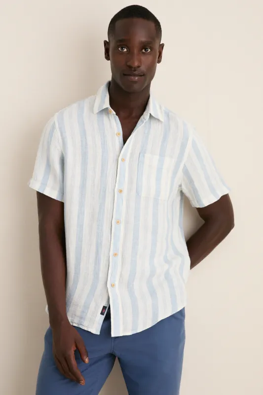 Island Blue Stripe Palma Linen Shirt made by Faherty