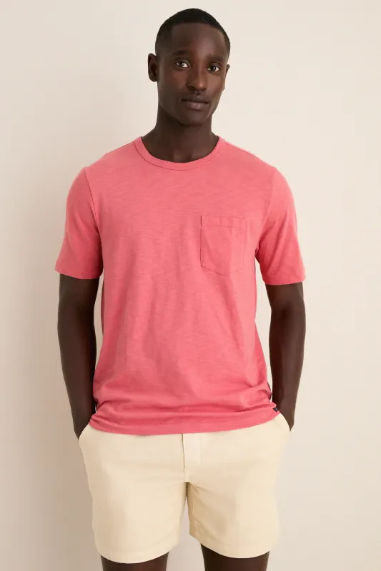 Coral Red Sunwashed Pocket Tee made by Faherty