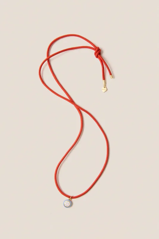 Coral Red Necklace Cord with Blue Bezel Charm made by HART