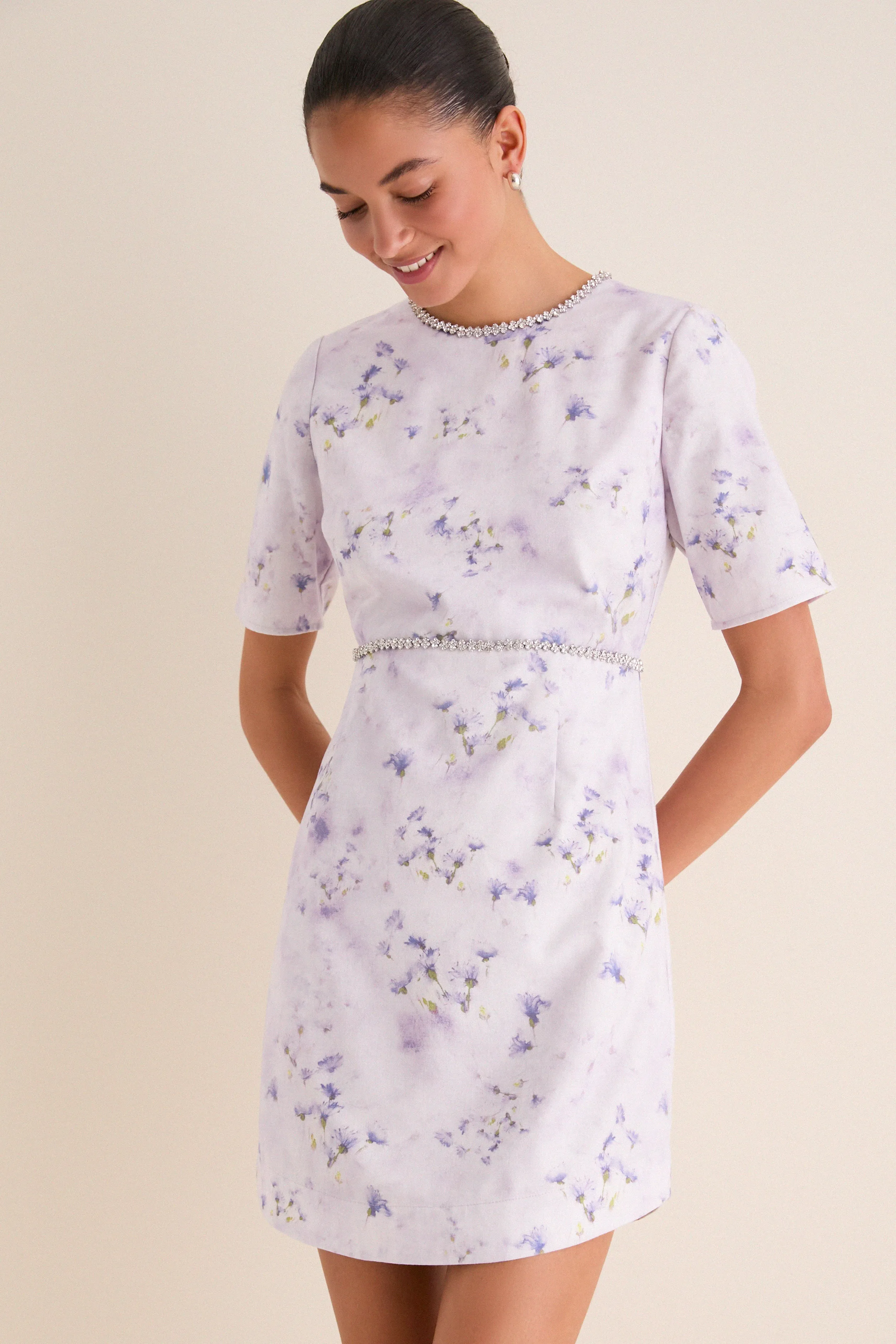 Lilac Floral Crystal Embellished Floria Mini Dress sold by Tuckernuck