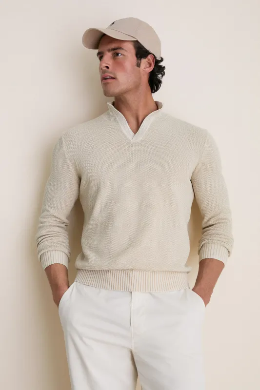 Sand Birdseye Cotton Split-Neck Sweater made by Tuckernuck