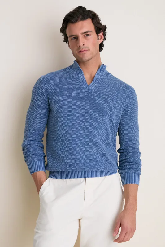 Chambray Blue Birdseye Cotton Split-Neck Sweater made by Tuckernuck
