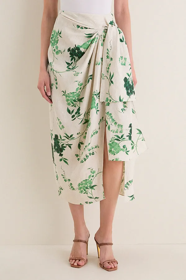 French Chintz Bottle Green Floral Print Linen Drape Midi Skirt sold by Tuckernuck