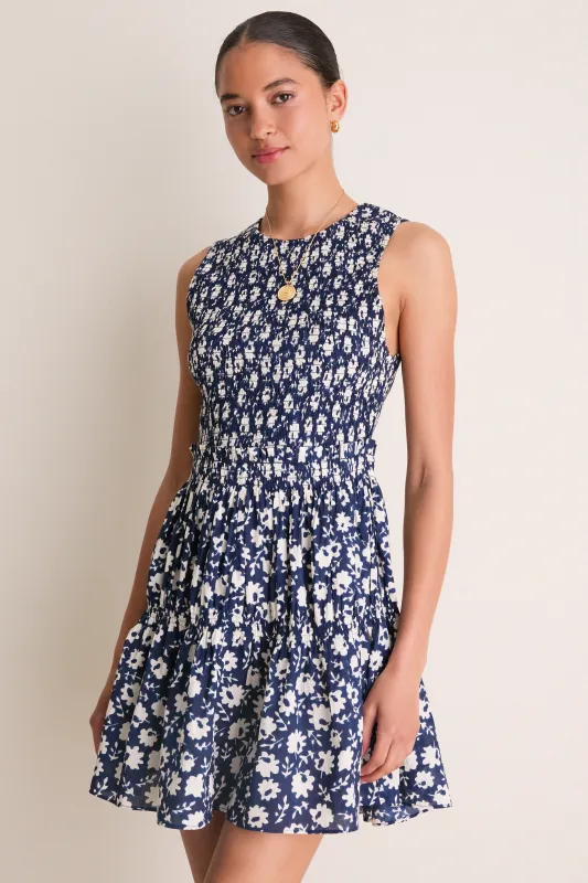Navy Floral Stamp Lore Smocked Mini Dress made by Apiece Apart