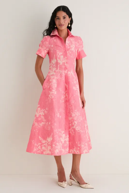 Rose Bouquet Blossom Pink Floral Print Linen Chine Midi Shirt Dress made by ERDEM