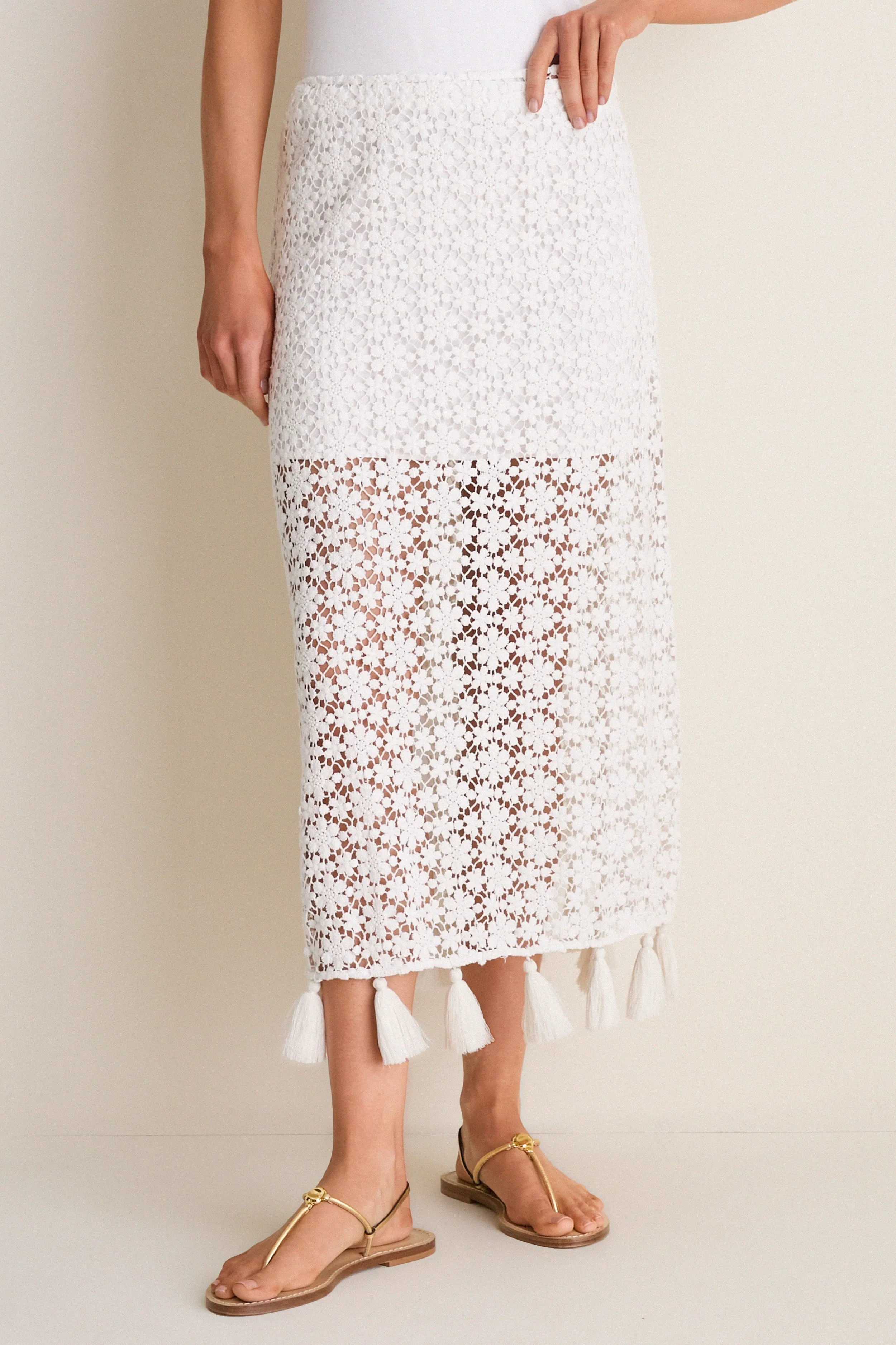 Cream Valeska Tassel Column Skirt sold by Tuckernuck