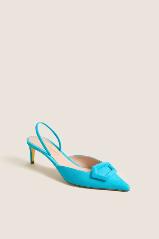 Lagoon Suede Aminita Heels with Covered Cubic made by Rupert Sanderson