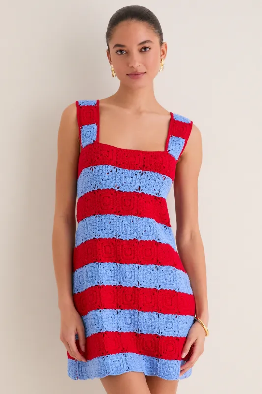 Cornflower Blue & Red Crochet Cooper Mini Dress made by Hyacinth House