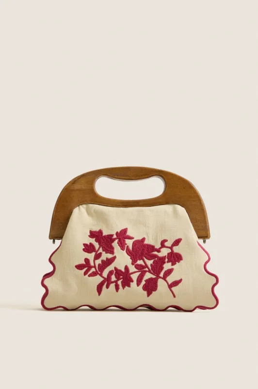 Red Floral Bermuda Wooden Handle Bag made by Tuckernuck