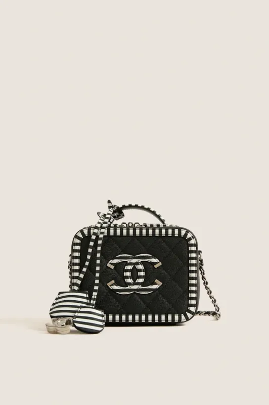 CHANEL Black White Caviar Filigree Small Vanity Case Crossbody with Red Leather Interior made by Tuckernuck