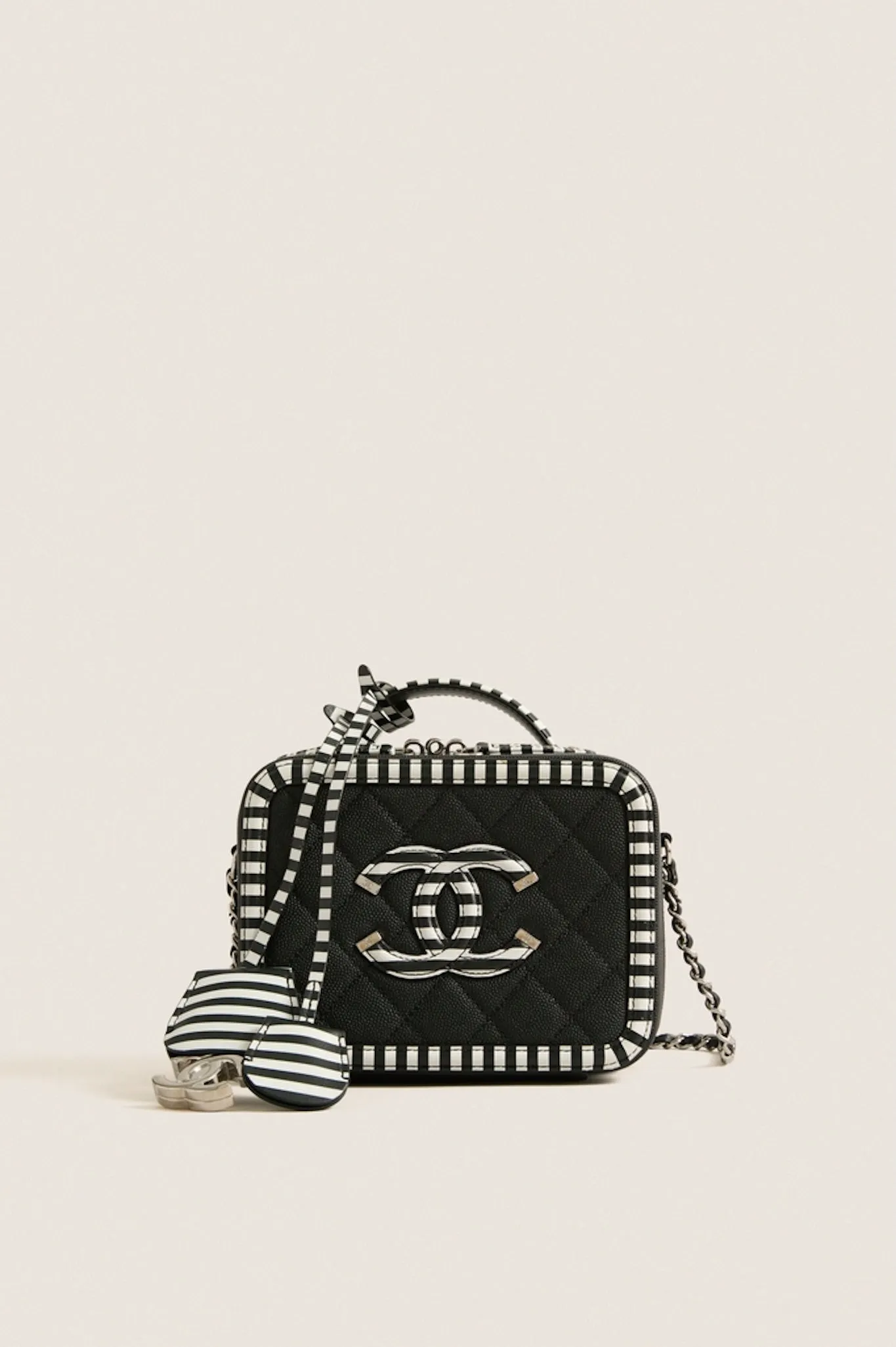 CHANEL Black White Caviar Filigree Small Vanity Case Crossbody with Red Leather Interior sold by Tuckernuck