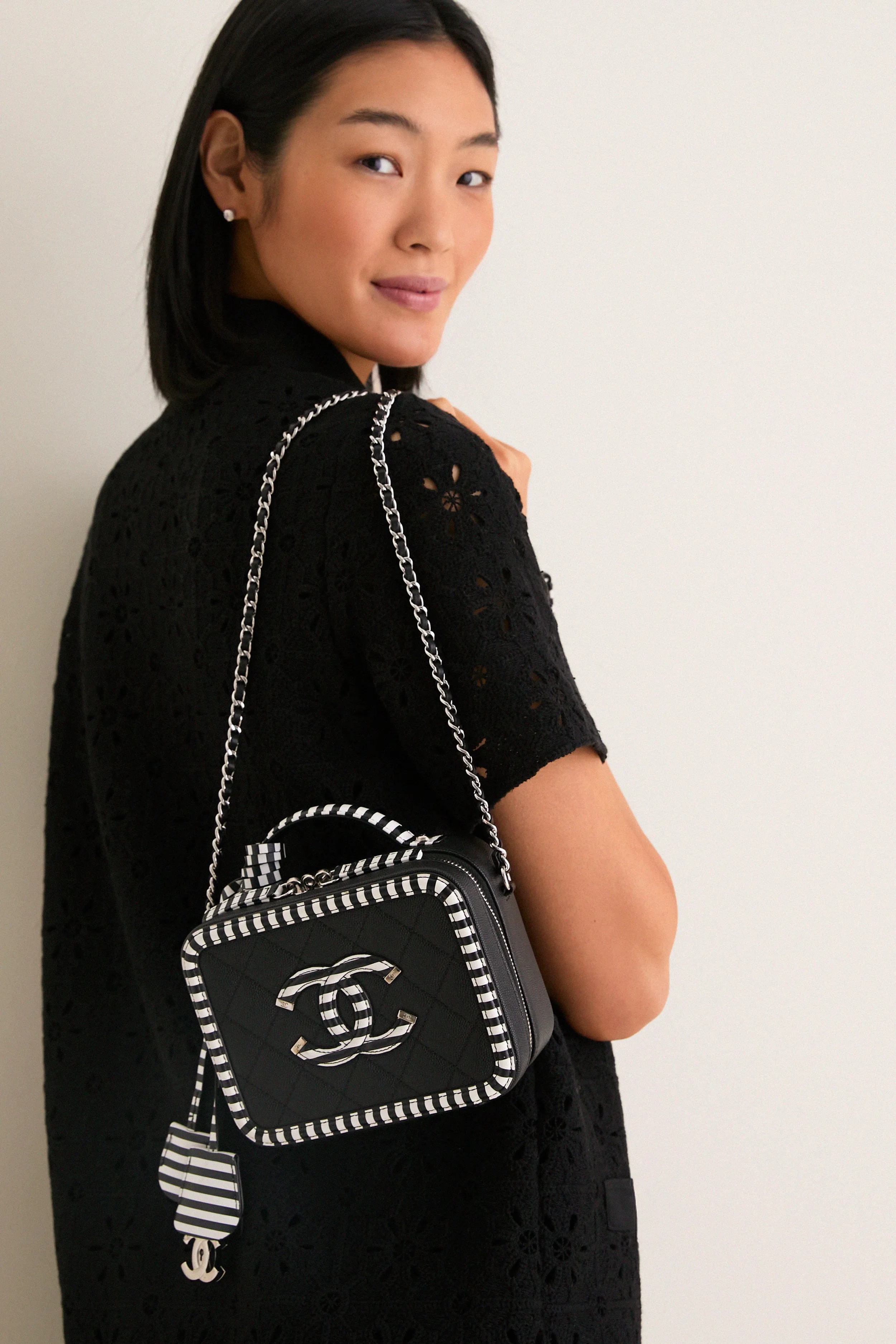 CHANEL Black White Caviar Filigree Small Vanity Case Crossbody with Red Leather Interior sold by Tuckernuck product image thumbnail 2