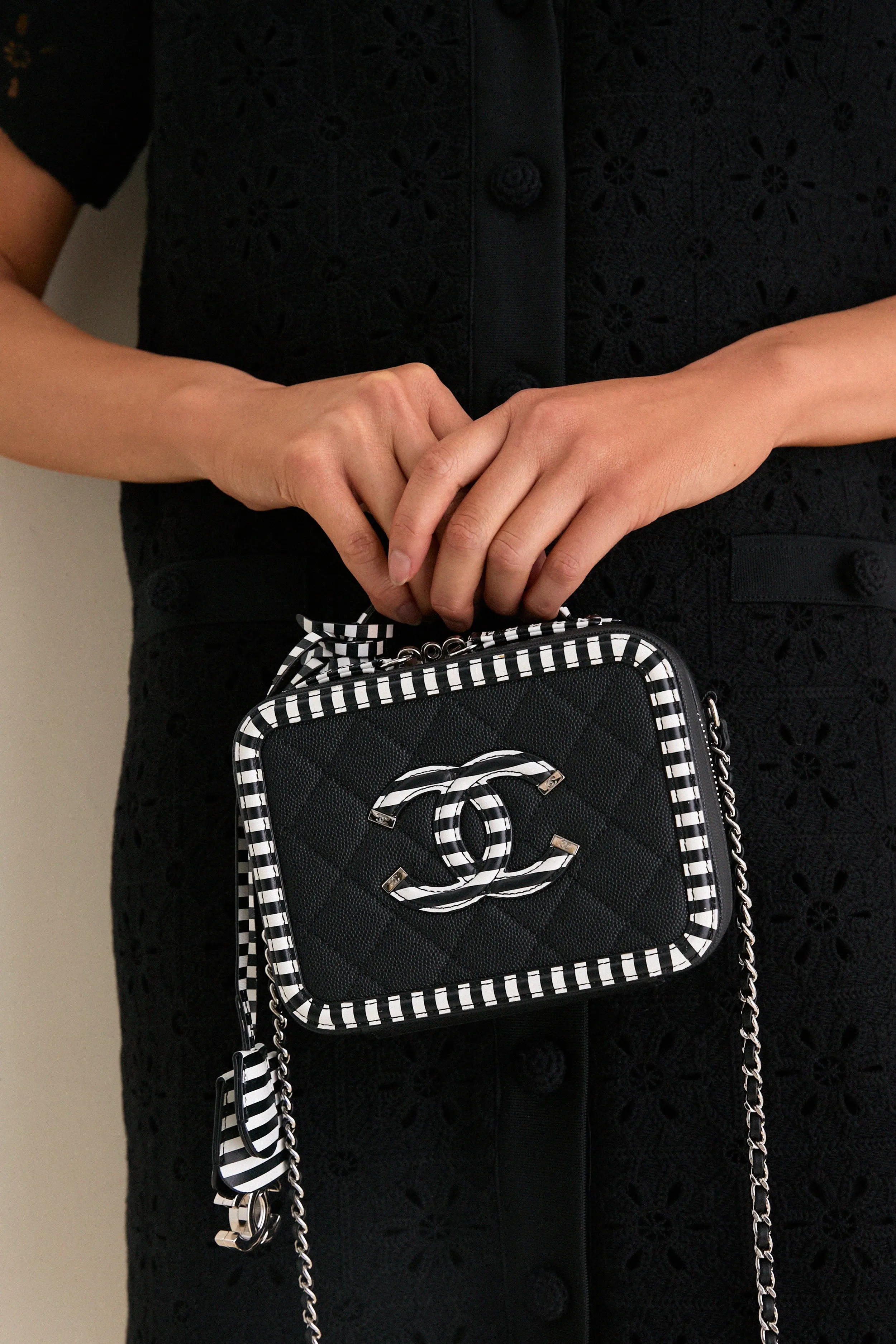CHANEL Black White Caviar Filigree Small Vanity Case Crossbody with Red Leather Interior sold by Tuckernuck product image thumbnail 4