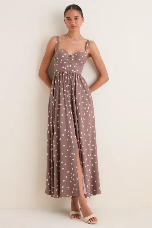 Cardamom and Ecru Polka Dot Rosette Maxi Dress made by L'AGENCE