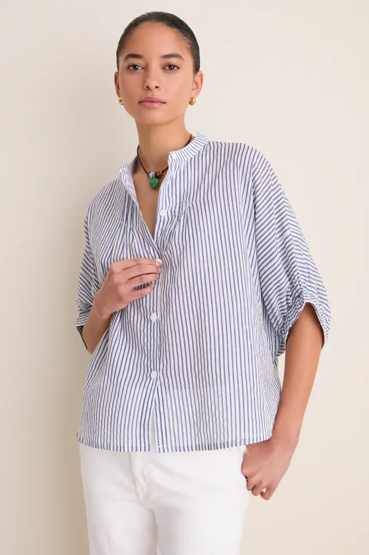 Indigo Stripe Organic Mandarin Collar Top made by Tuckernuck