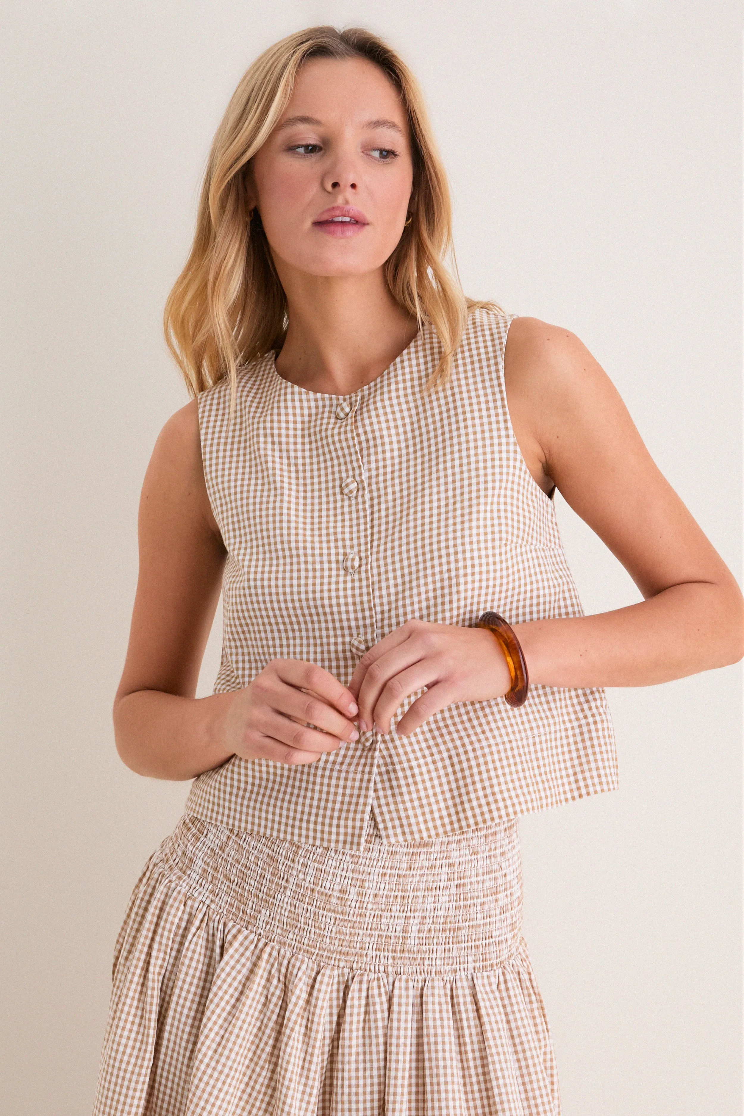 Cafe Check Button Front Wide Hem Top sold by Tuckernuck