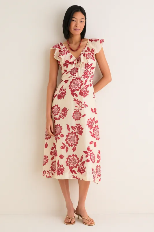 Cream and Red Jacqueline Flutter Sleeve Midi Dress made by Greylin