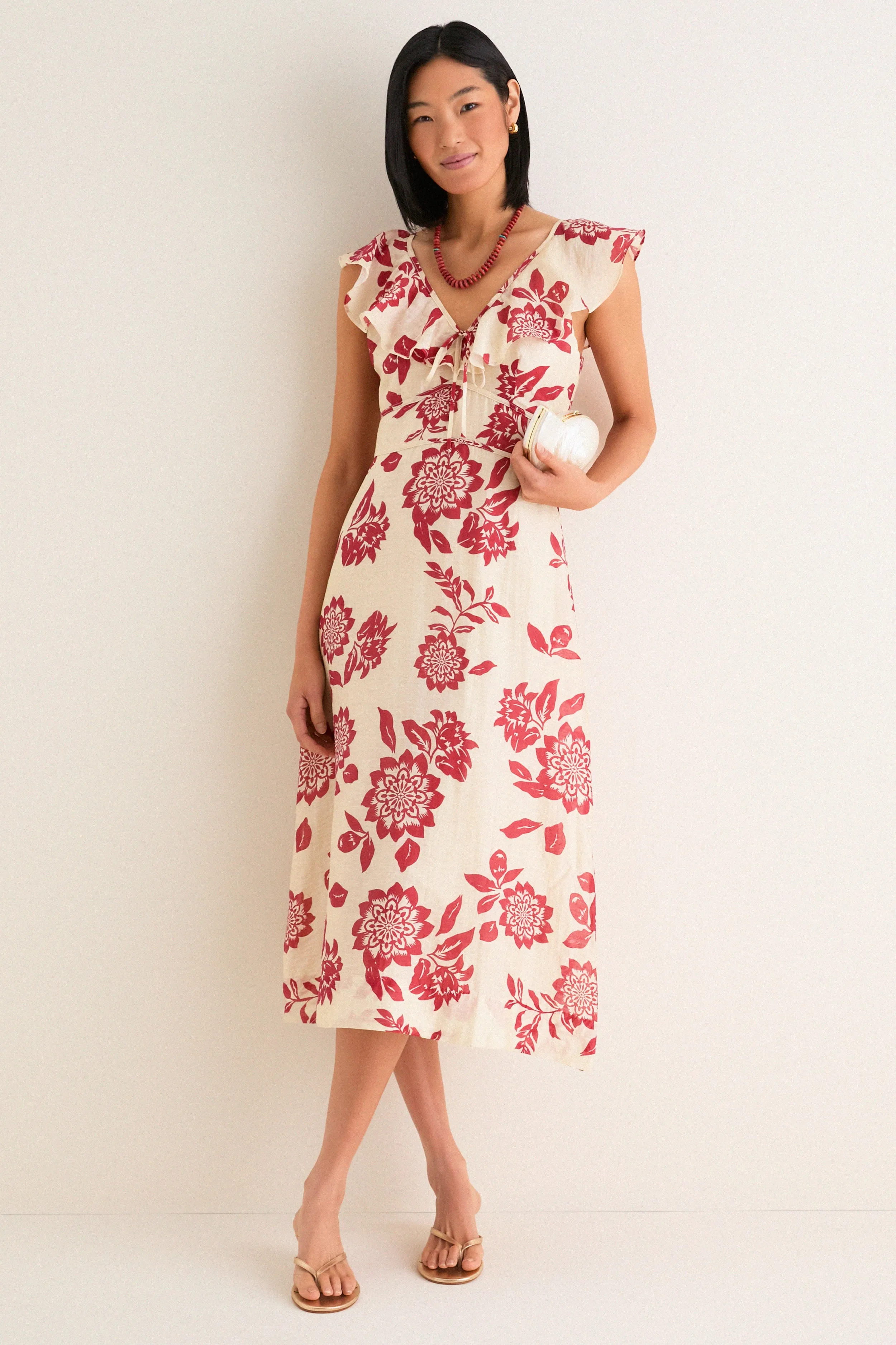 Cream and Red Jacqueline Flutter Sleeve Midi Dress sold by Tuckernuck product image thumbnail 2