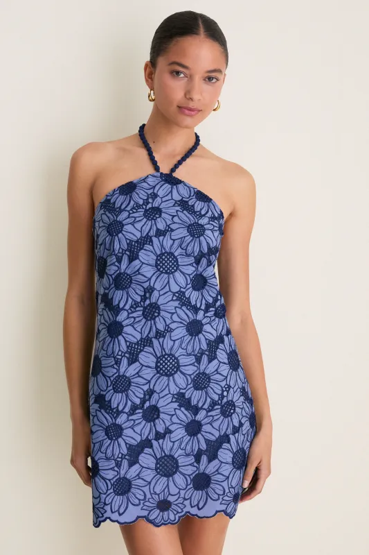 Navy & Slate Sunflower Eyelet Helen Mini Dress made by Hyacinth House