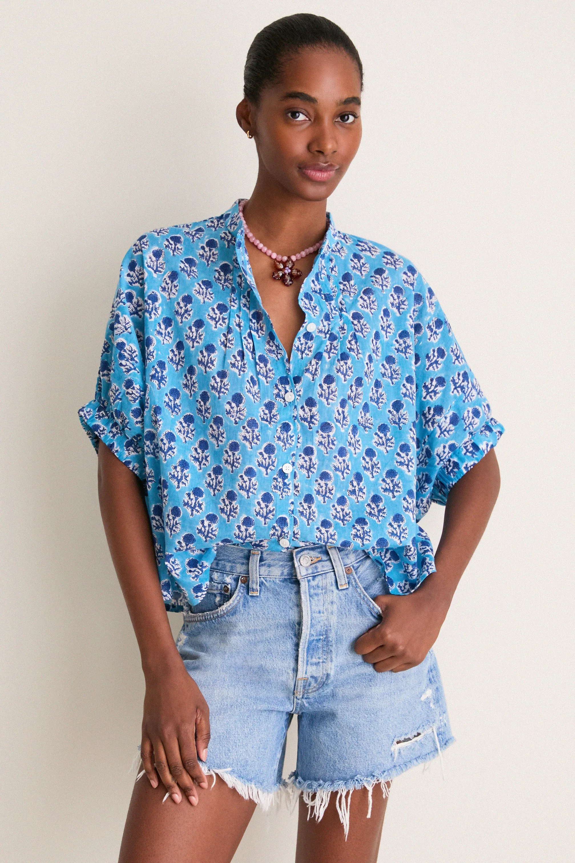 Little Marigolds Danube Organic Mandarin Collar Top sold by Tuckernuck