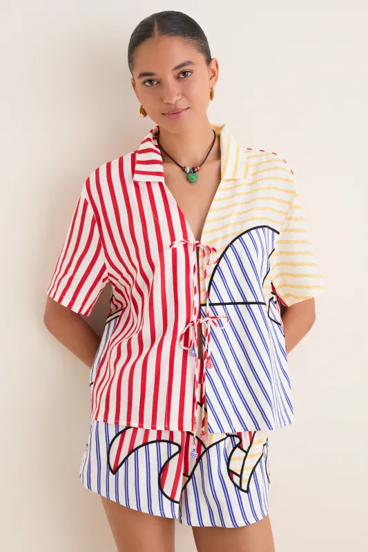 Navy Stripes Off-White Tie Front Blouse made by FARM Rio