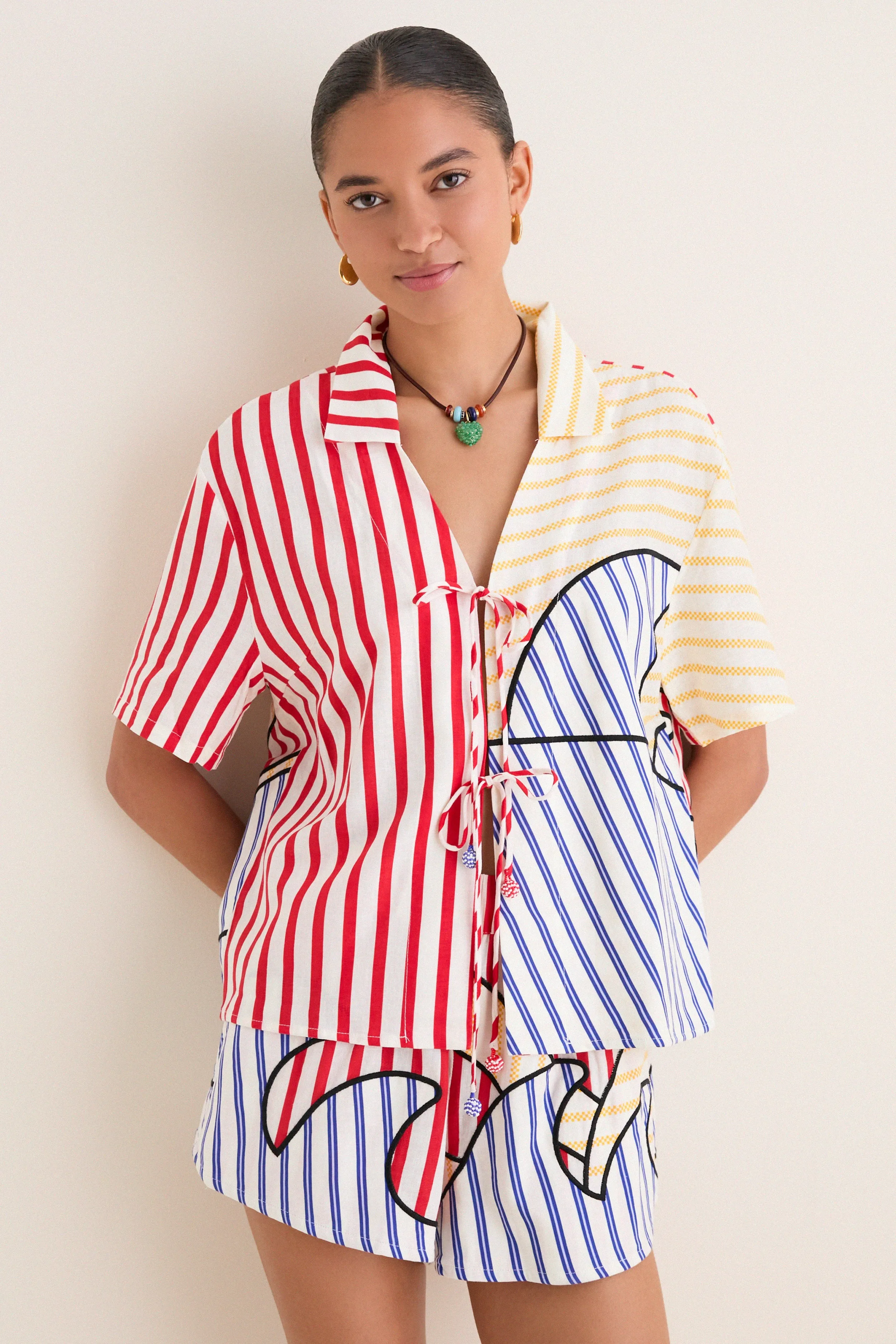 Navy Stripes Off-White Tie Front Blouse sold by Tuckernuck