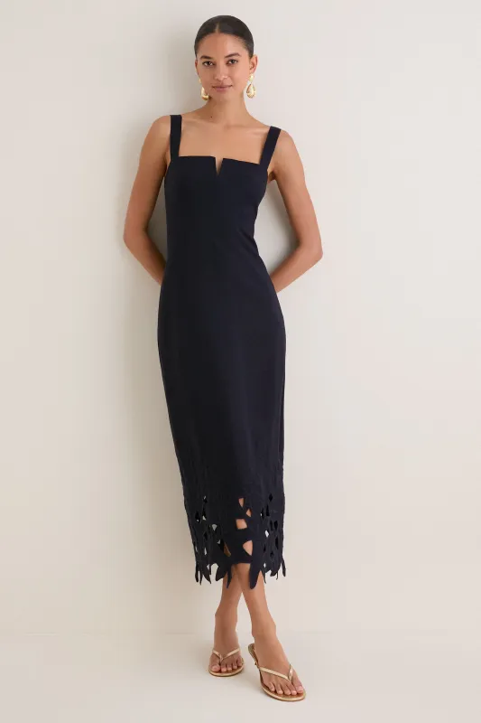 Navy Embroidered Linen Alma Midi Dress made by Tuckernuck