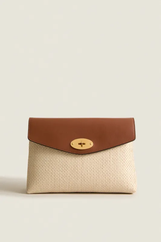 Ecru and Bright Oak Raffia Large Darley Pouch made by Mulberry