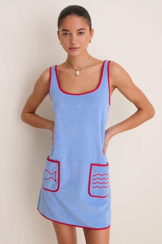 Powder Blue and Poppy Embroidered Mini Terrycloth Coverup made by Tuckernuck