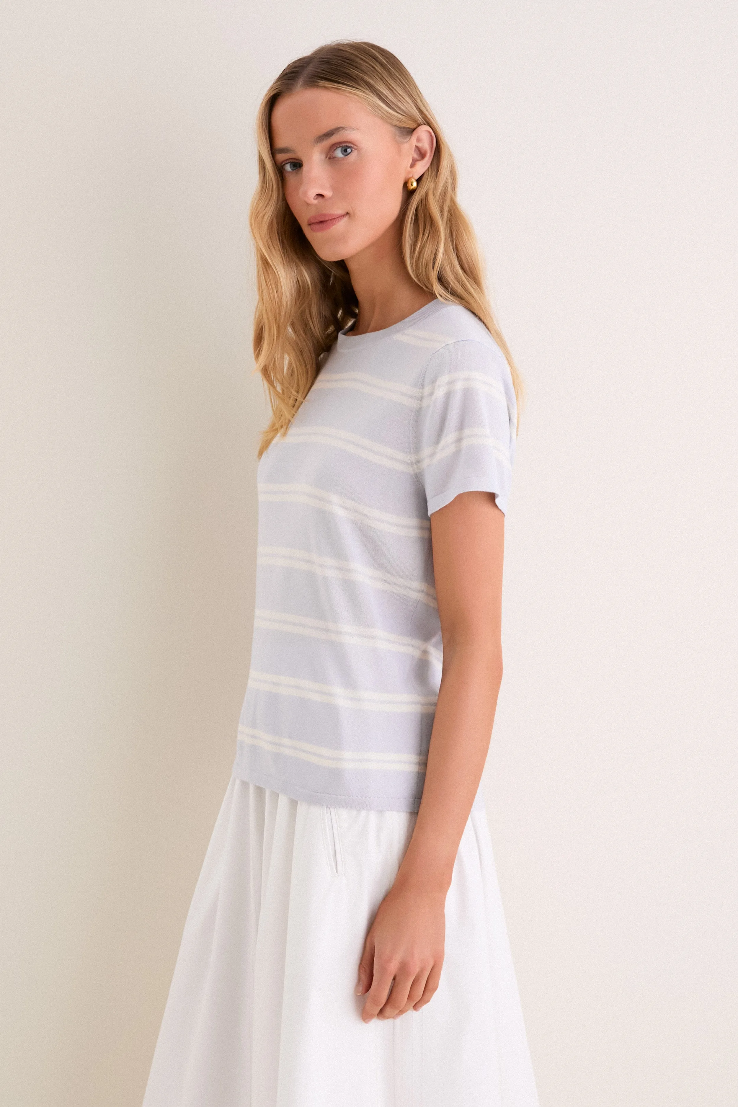 Blue and Ivory Stripe Cashmere Silk Katie Tee sold by Tuckernuck product image thumbnail 3