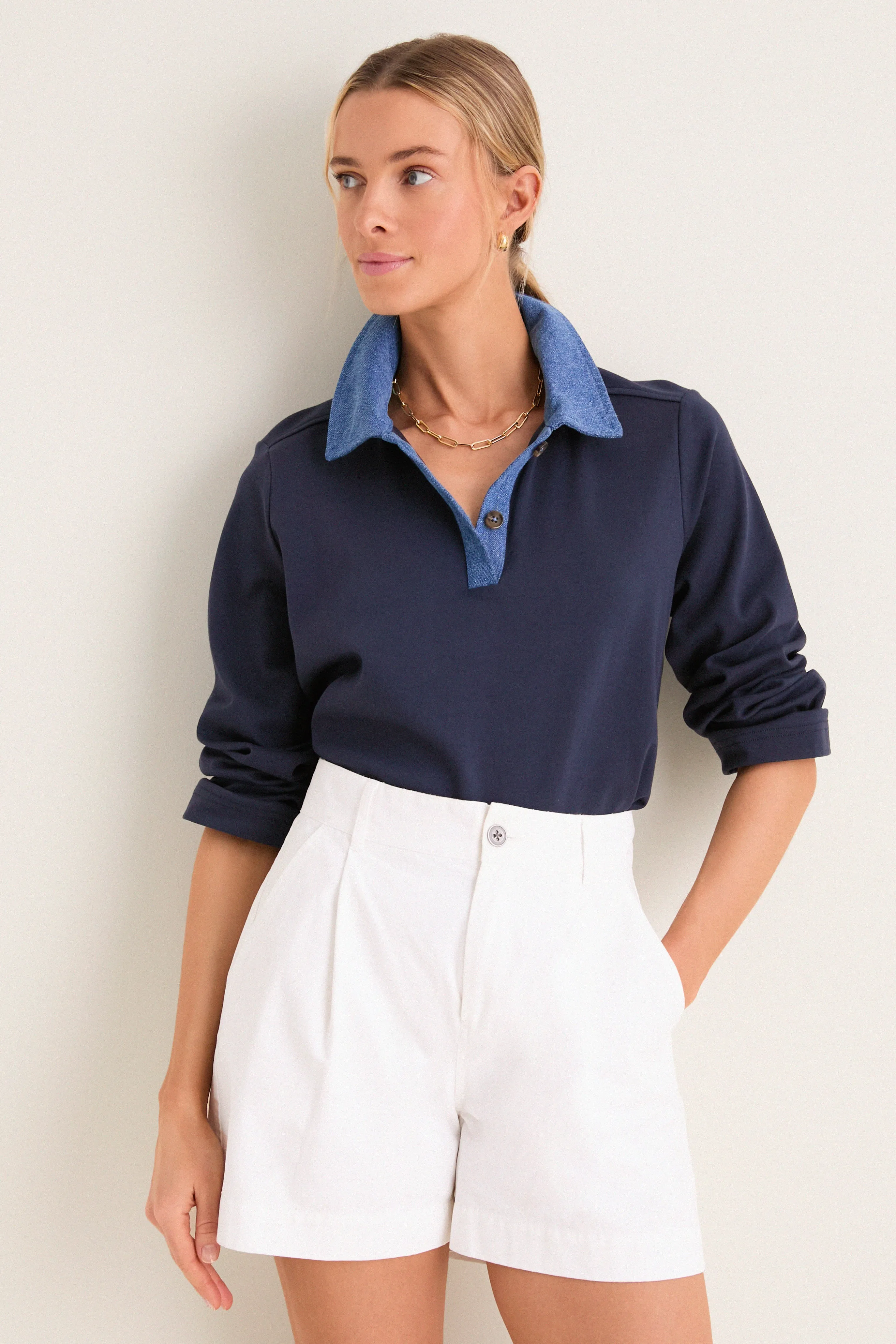 Denim Collar Carlyn Long Sleeve Polo sold by Tuckernuck