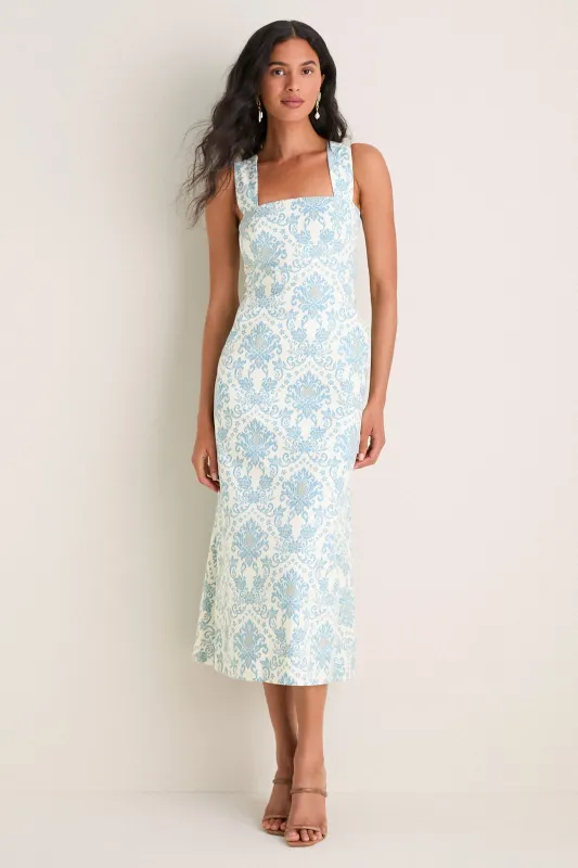 Exclusive Blue Damask Ashbourne Midi Dress made by Tuckernuck