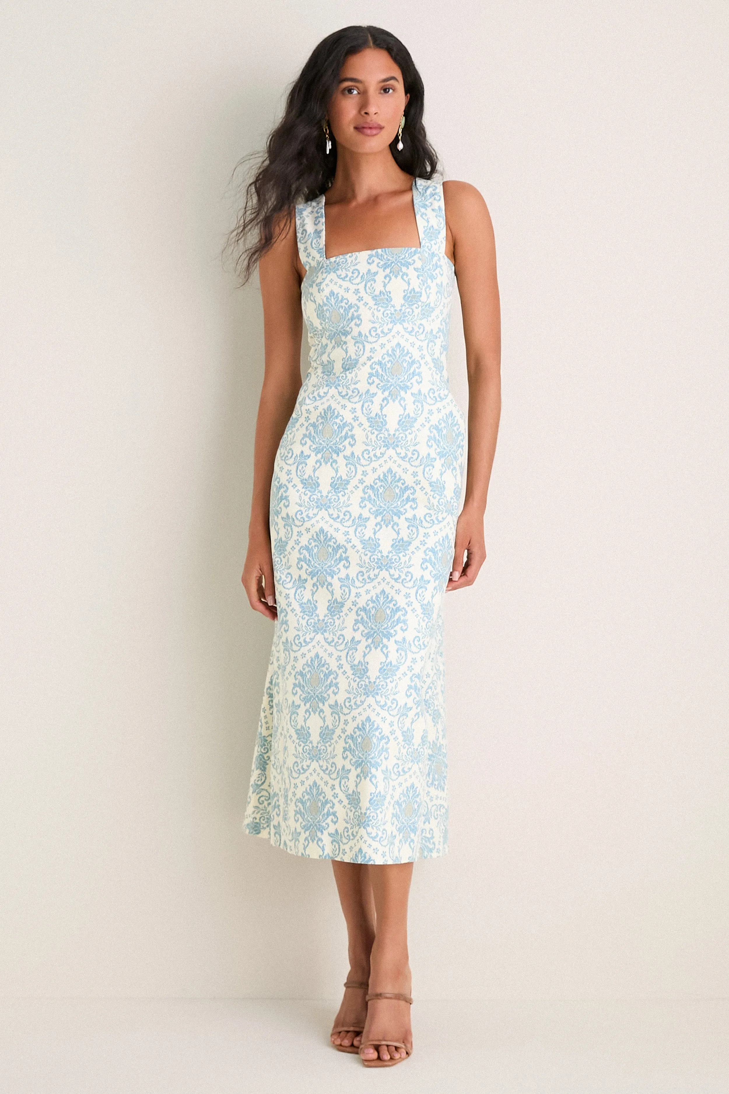 Exclusive Blue Damask Ashbourne Midi Dress sold by Tuckernuck