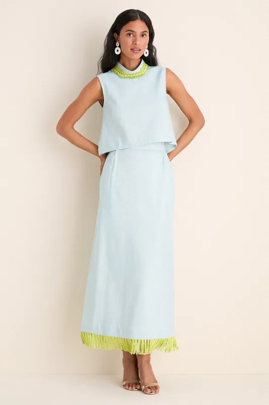 Exclusive Blue Shimmer Linen with Chartreuse Trim Hostess Set made by Tuckernuck