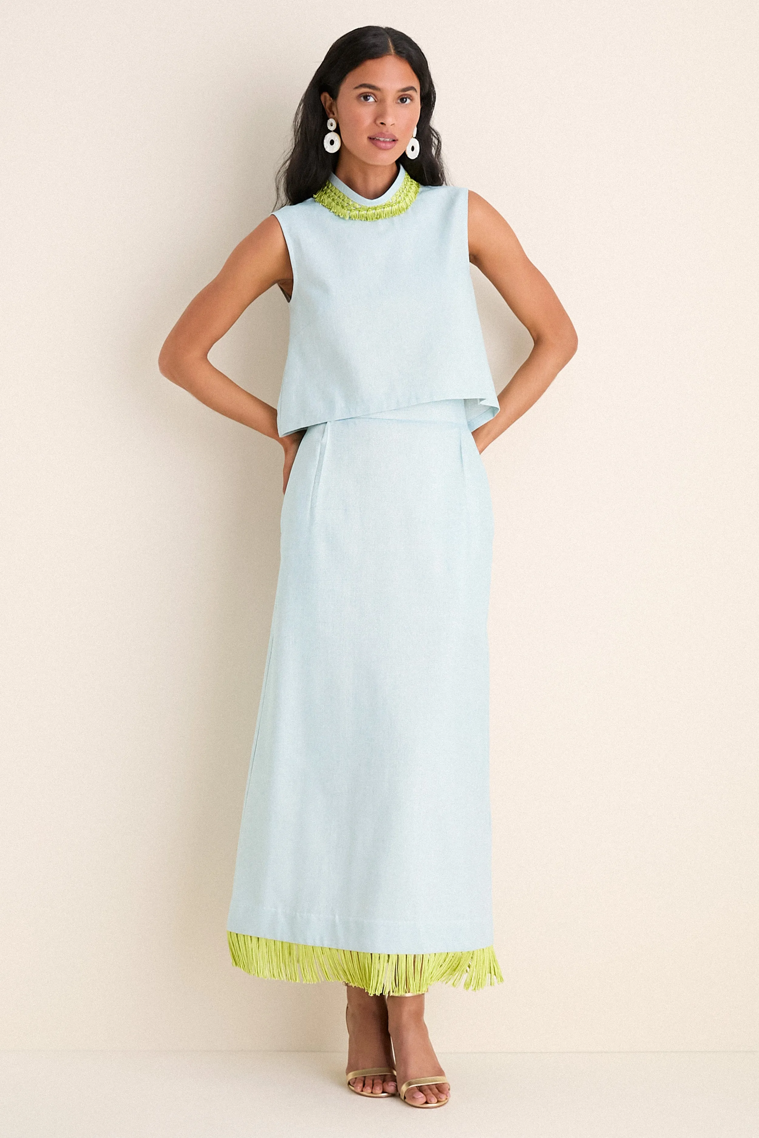 Exclusive Blue Shimmer Linen with Chartreuse Trim Hostess Set sold by Tuckernuck