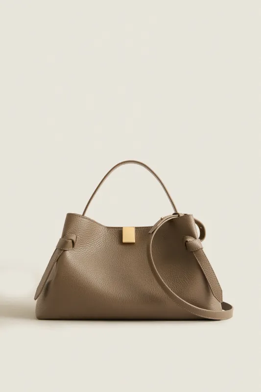 Taupe Pebble Grain Leather Gyoza Bag made by Yuzefi