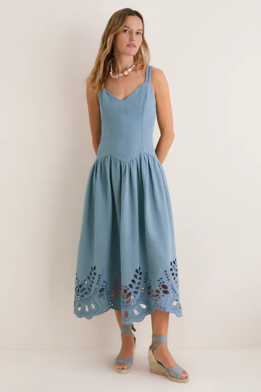 Light Blue V-Neck Eyelet Detail Midi Dress made by Moon River