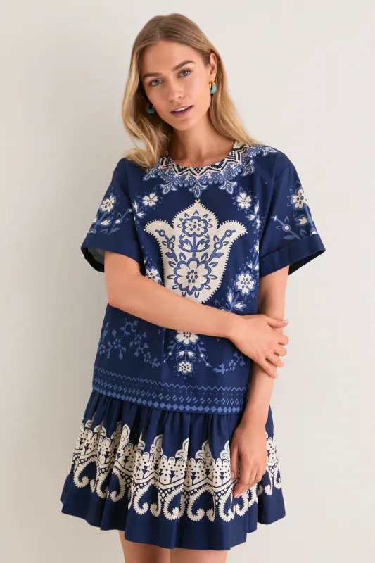 Navy Emelina Print Short Sleeve Mini Dress made by Sea New York
