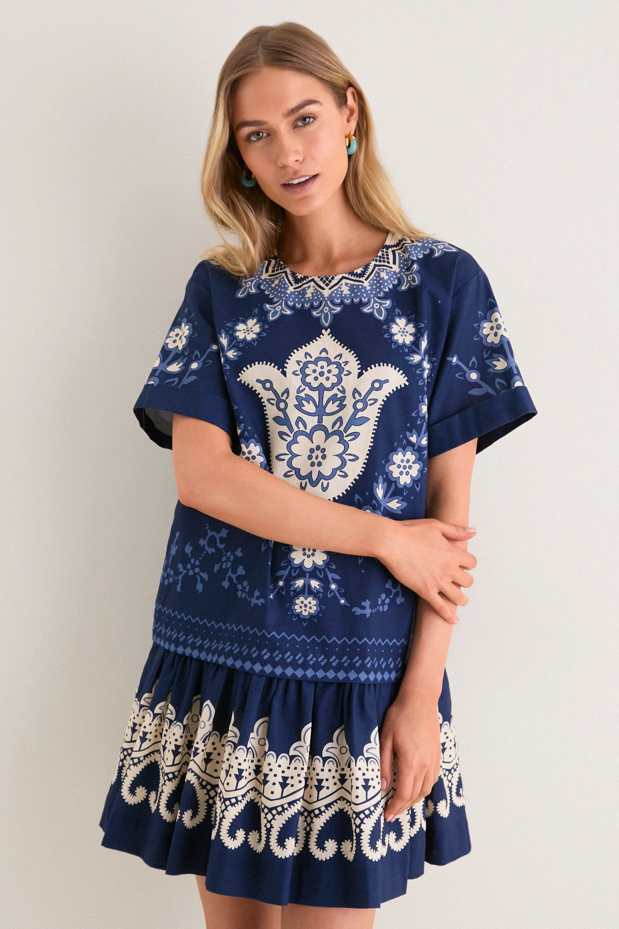 Navy Emelina Print Short Sleeve Mini Dress sold by Tuckernuck
