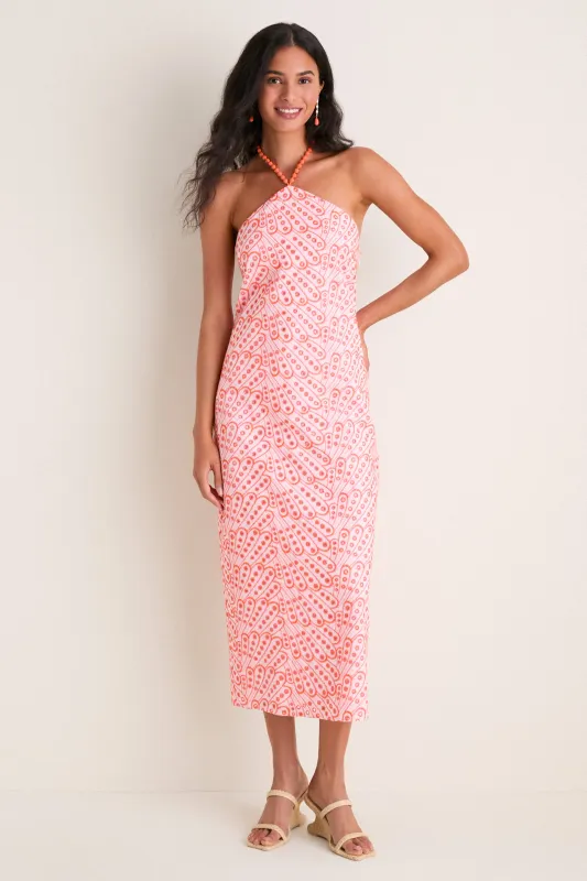Light Pink & Orange Eyelet Hailey Halter Midi Dress made by English Factory