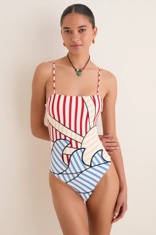 Navy Striped Off-White One Piece made by FARM Rio