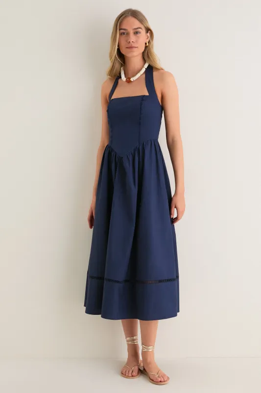 Navy Square Neck Halter Midi Dress made by Moon River