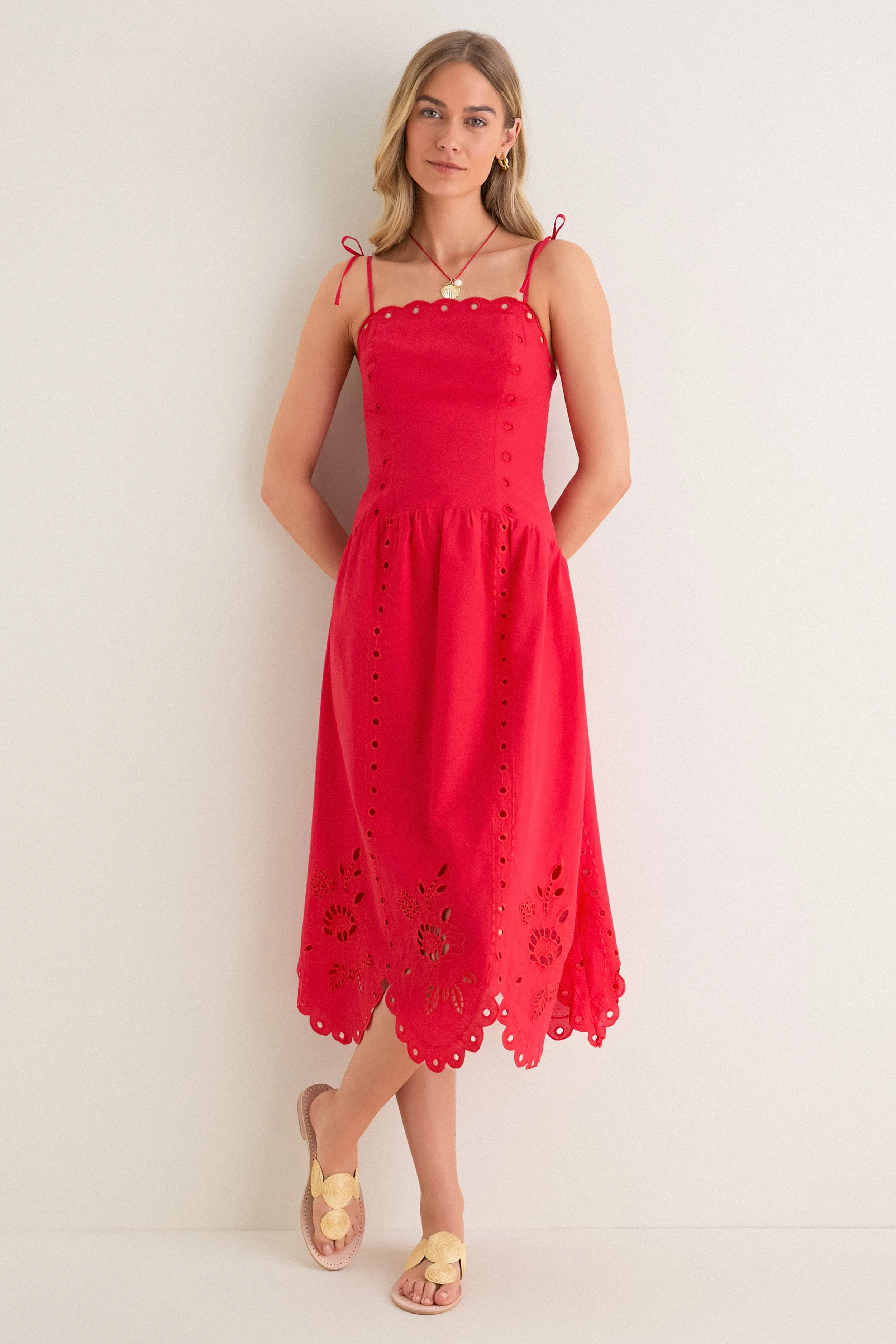 Red Eyelet Detail Midi Dress sold by Tuckernuck