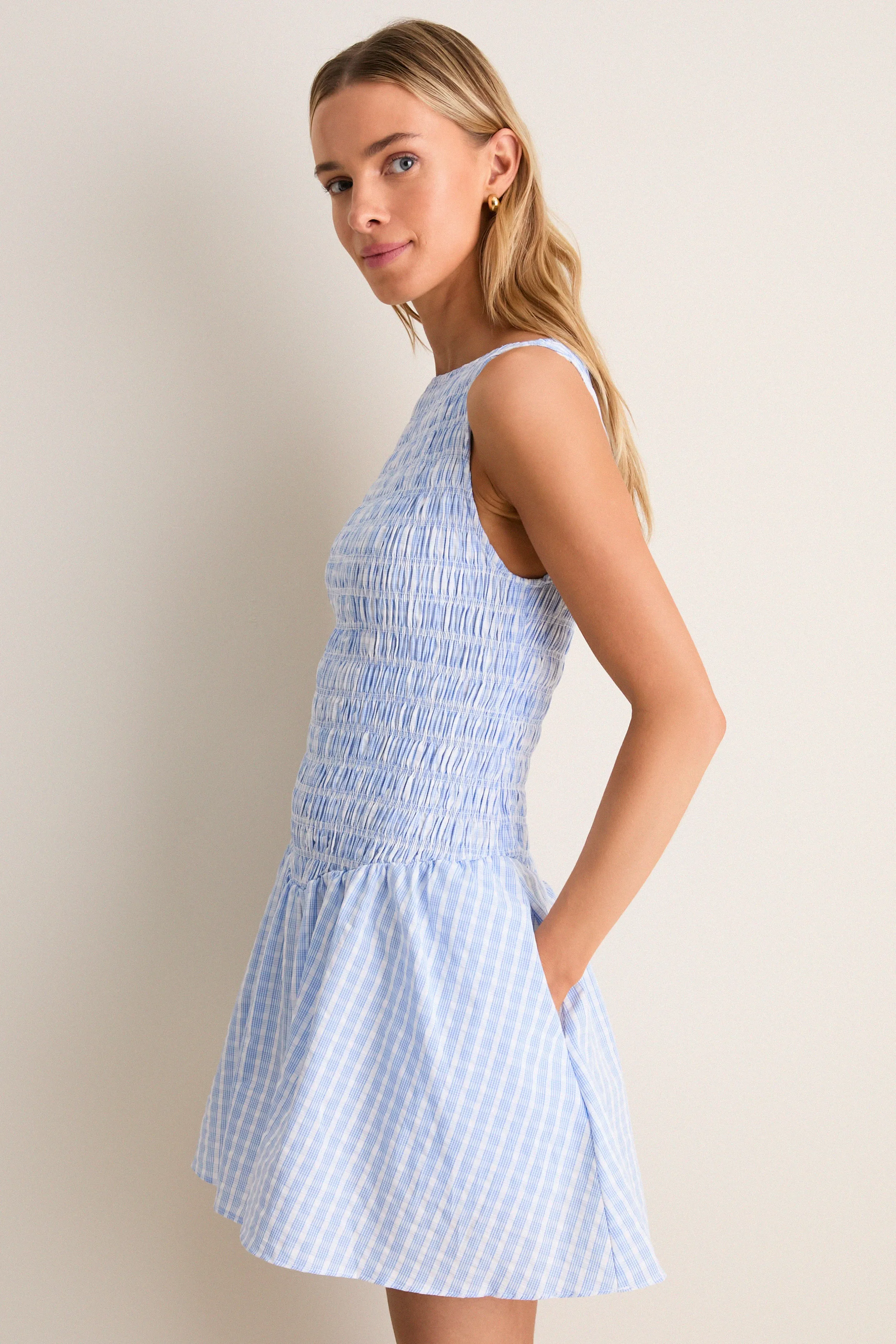 Light Blue and White Paloma Check Martina Mini Dress sold by Tuckernuck product image thumbnail 3