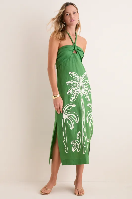 Green Palm Tree Embroidery Midi Dress made by FARM Rio