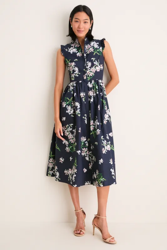Painted Orchid Navy Floral Cotton Sleeveless Midi Dress made by ERDEM