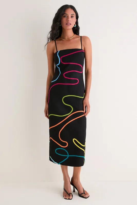 Black Linen & Technicolor Soutache Electra Maxi Dress made by Hyacinth House