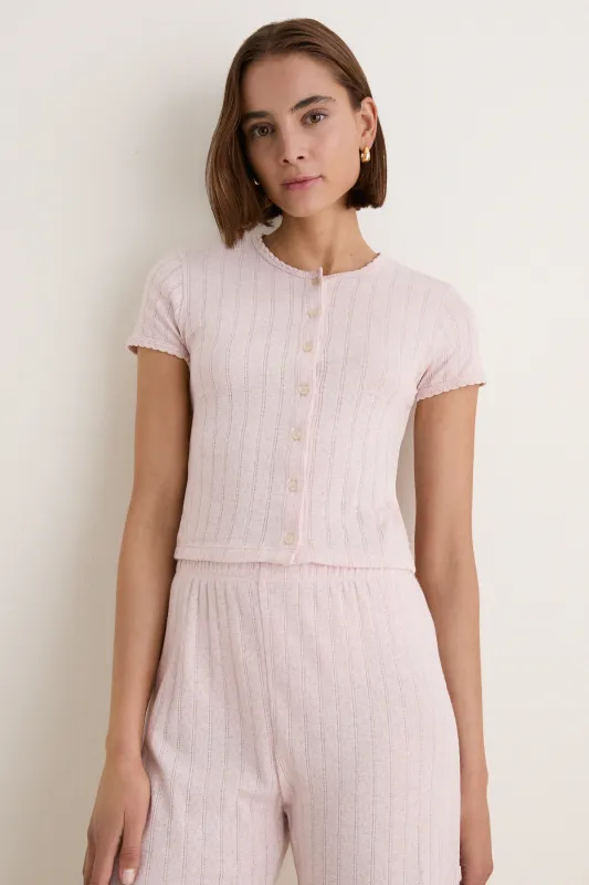 Petal Melange Pointelle Short Sleeve Cardigan made by Leset