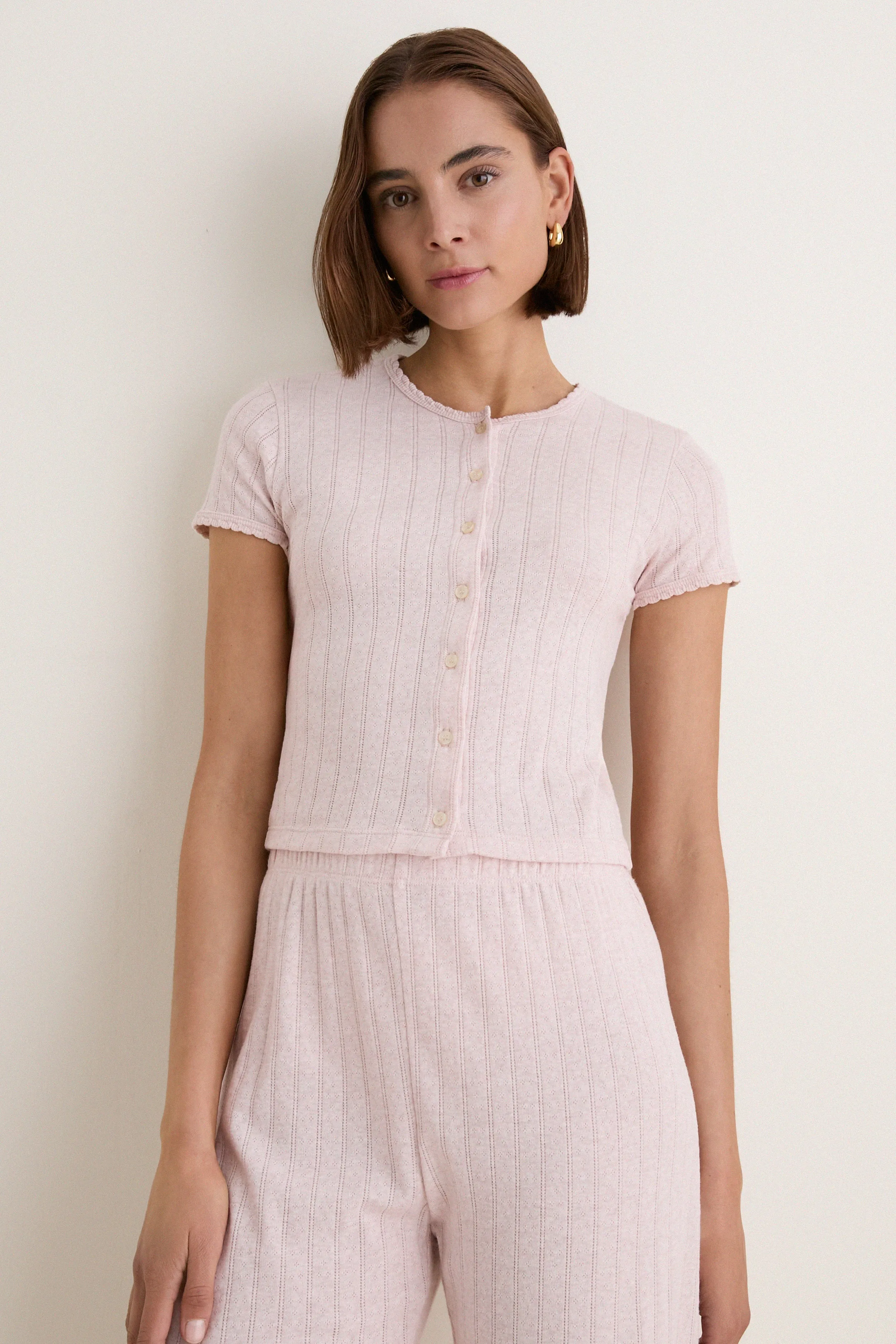 Petal Melange Pointelle Short Sleeve Cardigan sold by Tuckernuck