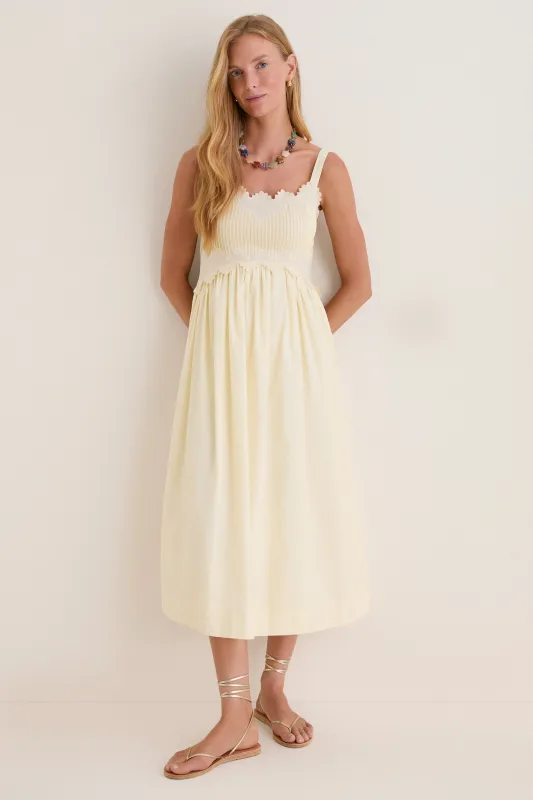 Butter Yellow Embroidered Cotton Midi Dress made by Moon River